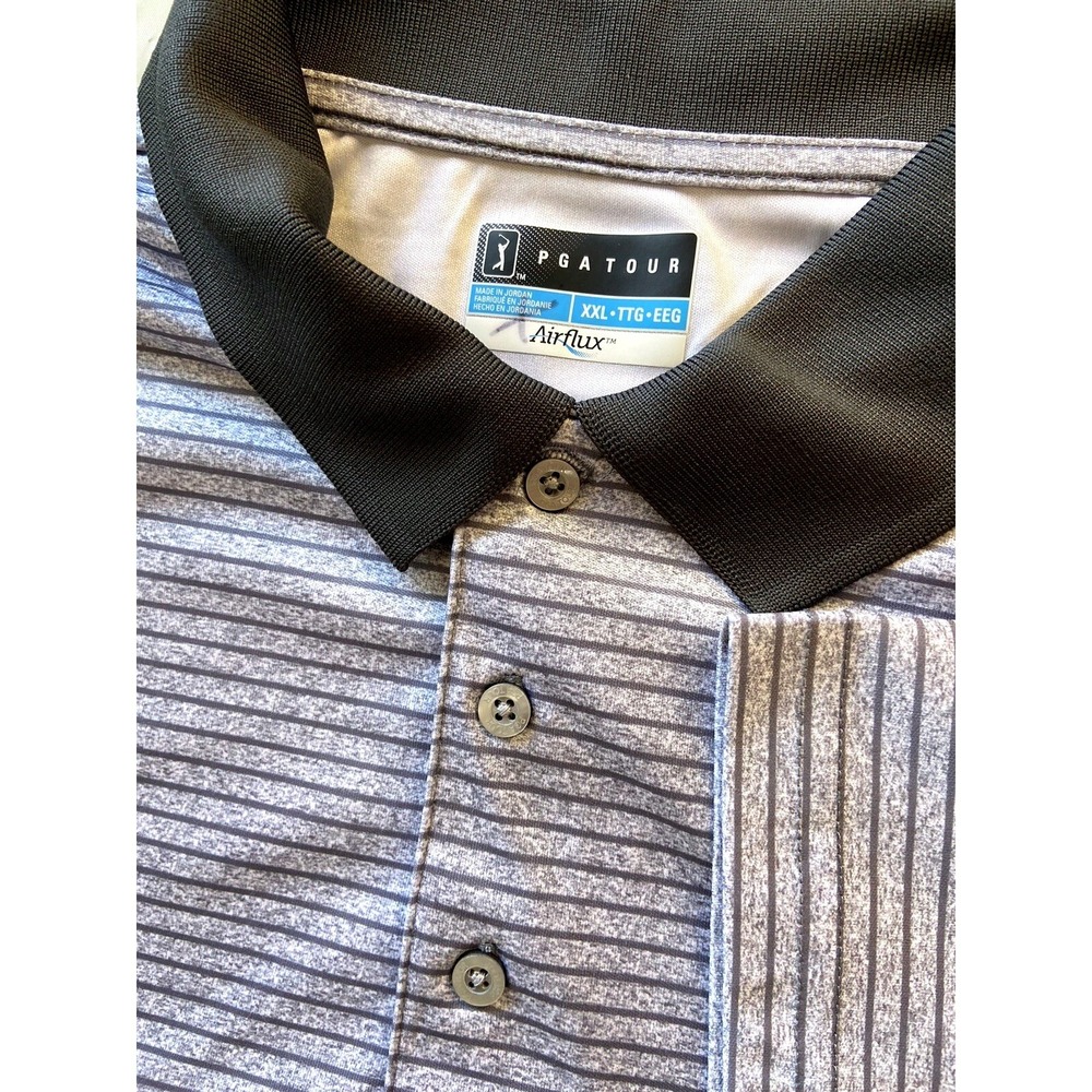 PGA Tour Airflux Mens XXL Grey Black Striped Golf Polo Shirt Short Sleeve